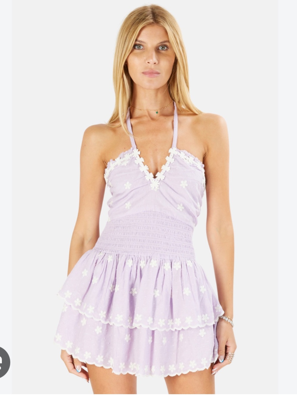 LoveShackFancy Lilac Halter Smocked Tiered Mini Dress